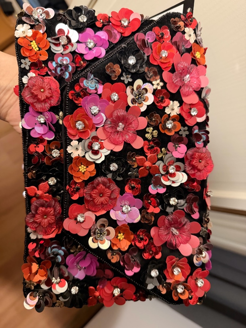 Lulu's Black Sequin Floral Wristlet with Red & Pink Flowers